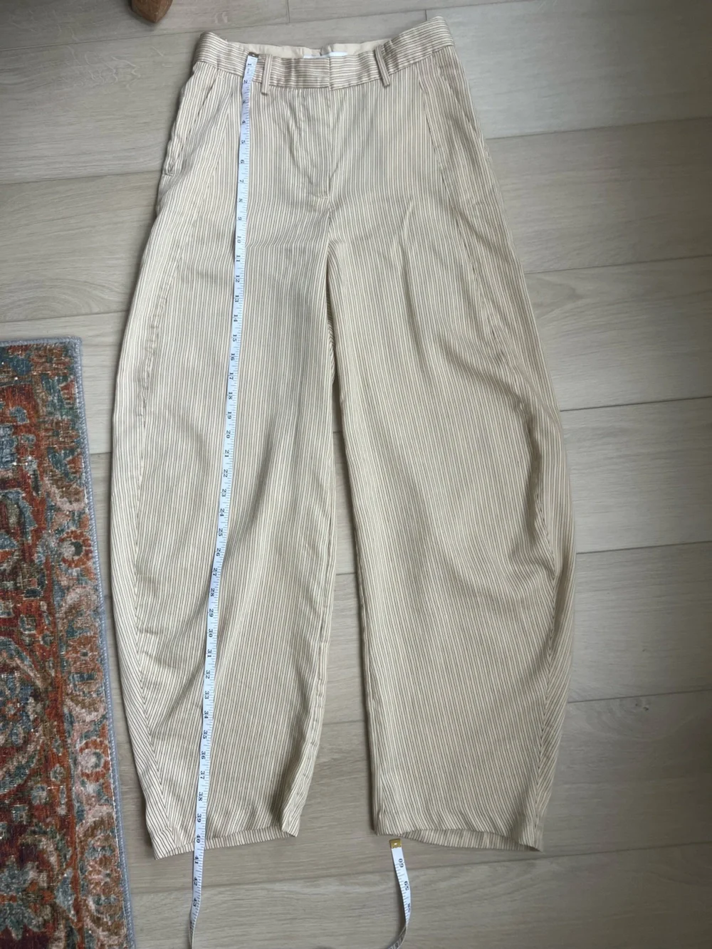 H&M EDITION Linen Blend Barrel Leg Pants Beige Black Striped Baggy